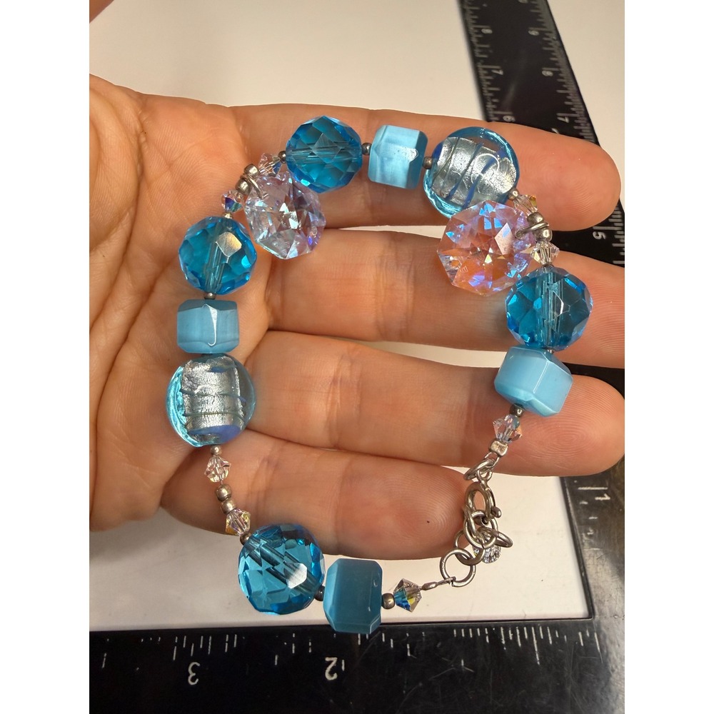 Blue Glass Beaded Bracelet Sterling Silver 925 Clasp Iridescent Foil Accents